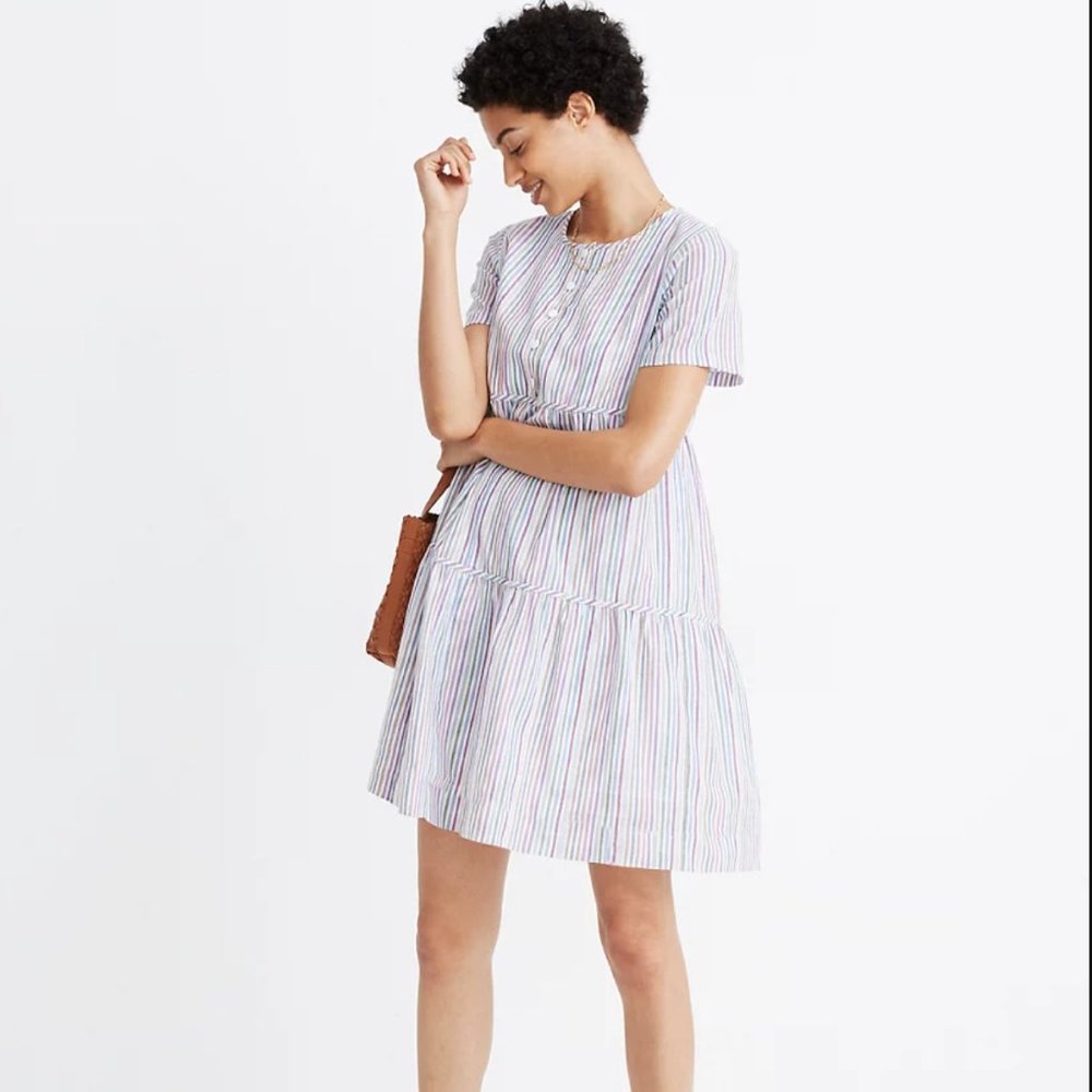 Madewell Size Large Striped Crewneck Button-Front Tiered Mini Dress